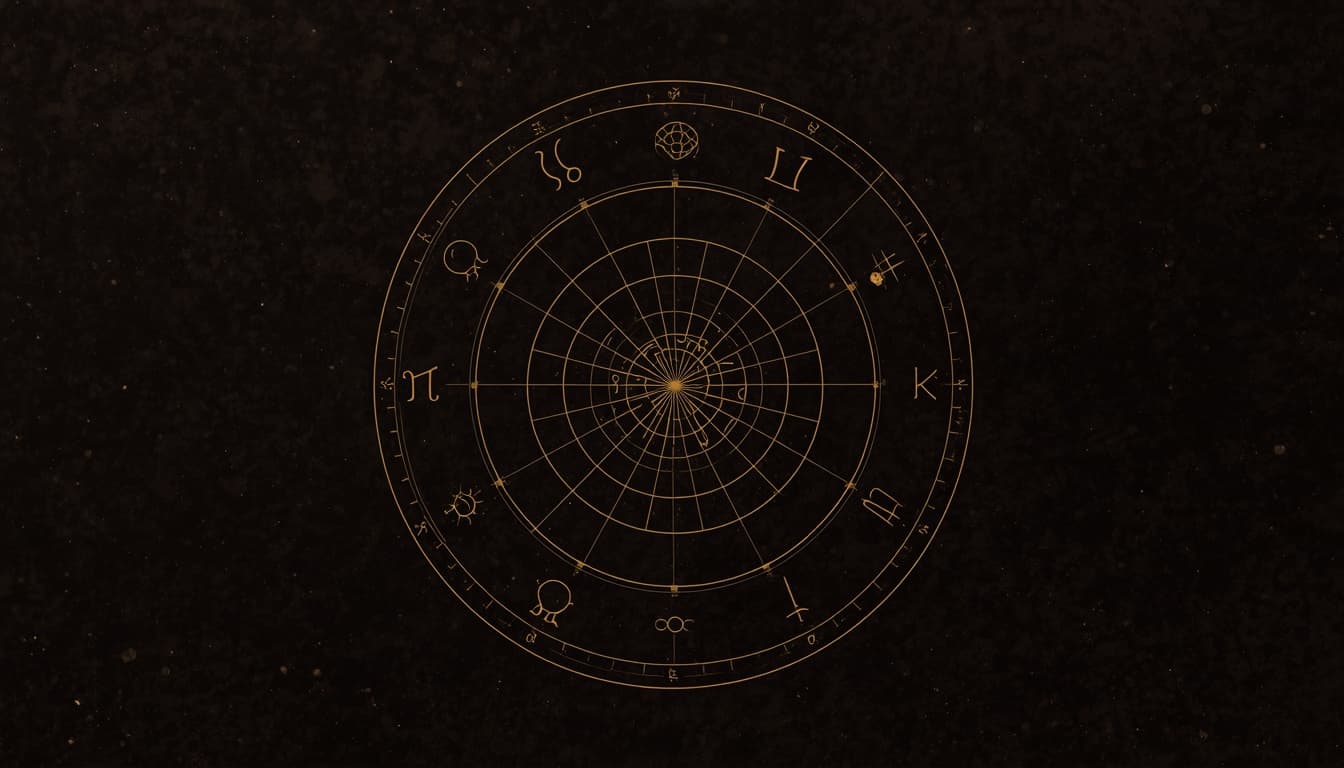 Roda astrológica em traço dourado com os planetas marcados, e as divisões das doze casas apagadas, indicando o que se perde sem a hora de nascimento