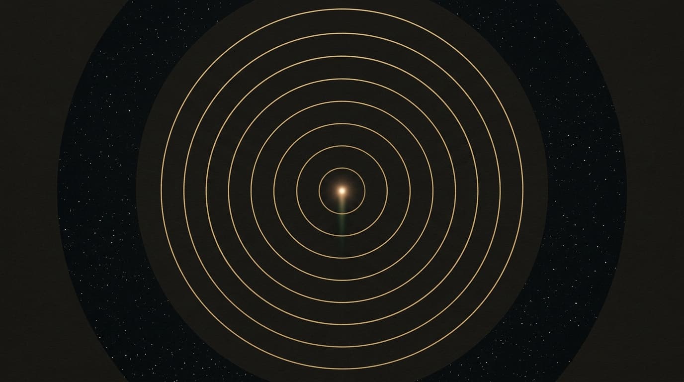 Sete anéis concêntricos finos em dourado sobre fundo escuro, com um ponto de luz subindo do centro em direção a uma faixa estrelada externa