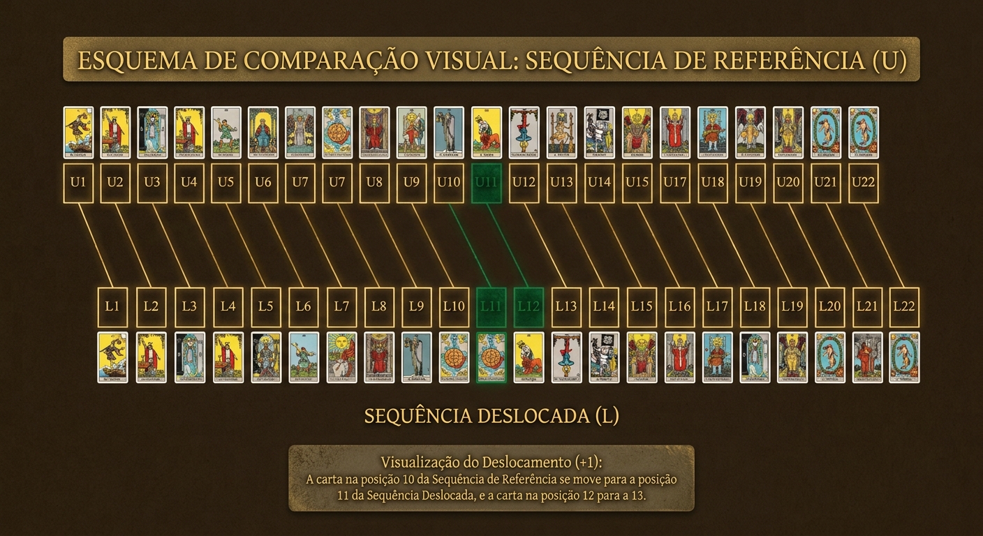 Comparação visual entre duas sequências de vinte e duas posições, com a primeira carta deslocada de uma casa entre elas